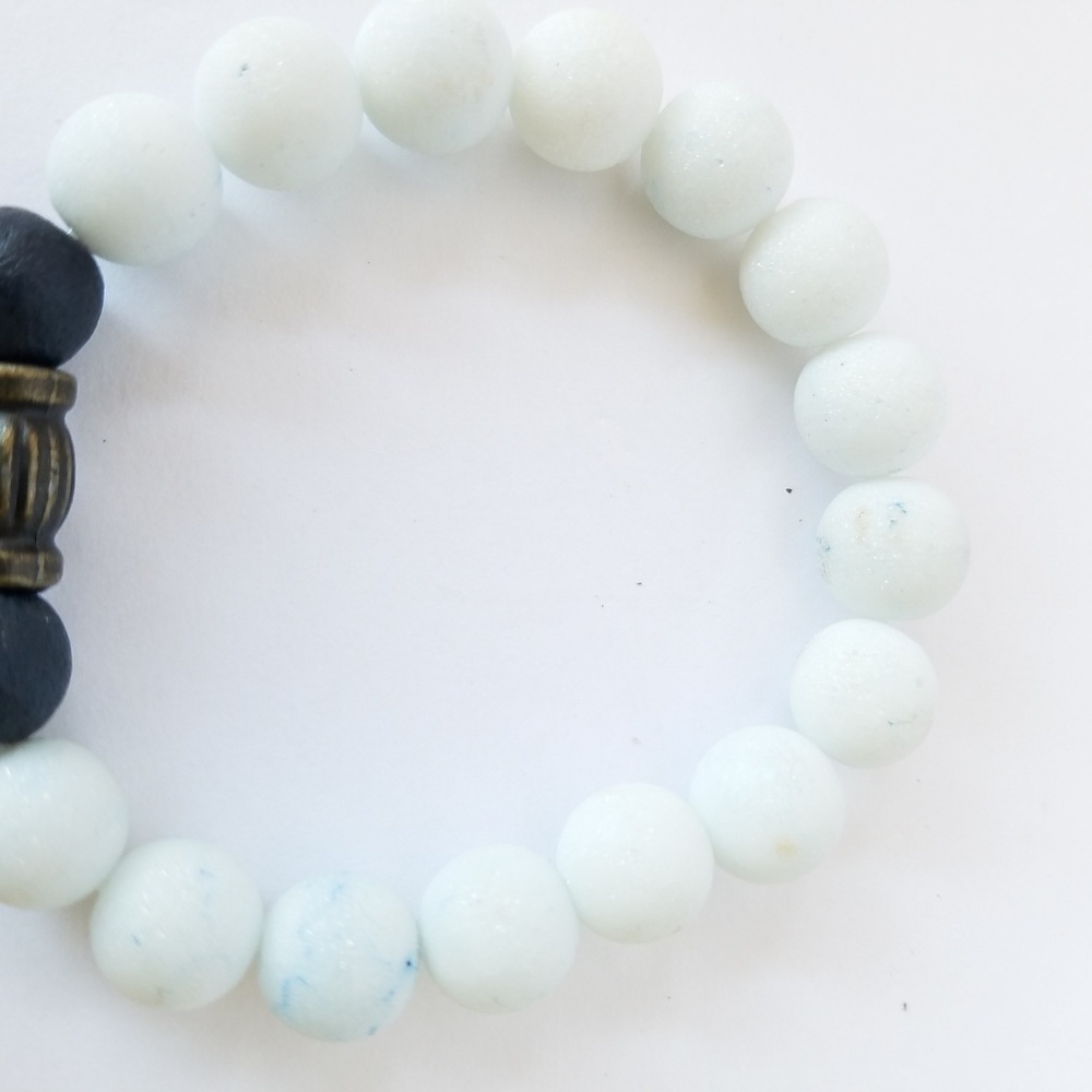 Hand Crafted Couple's Navy White Stone Beaded Bracelets Lava Stretch - Picture 6 of 10